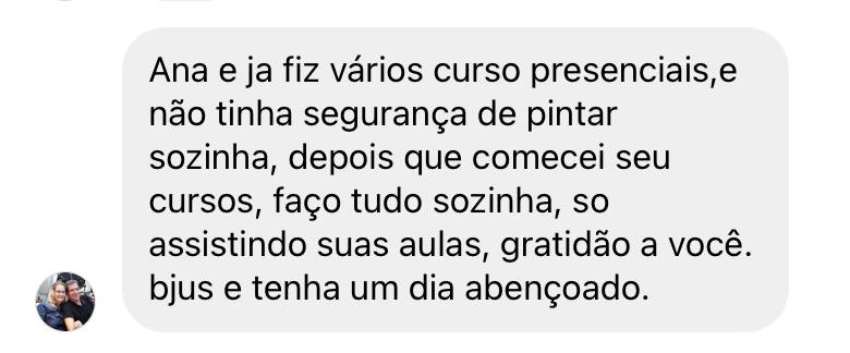 Depoimento de aluna: já fiz vários cursos presenciais e não tinha segurança de pintar sozinha; depois que comecei seus cursos, faço tudo sozinha, só assistindo suas aulas. Gratidão a você.